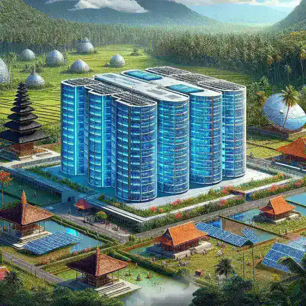 "Ilustrasi pusat data Microsoft yang direncanakan di Bali atau Nusantara, menggambarkan dampak positif dan peluang pengembangan teknologi untuk Indonesia, dengan latar belakang pemandangan alam Bali."