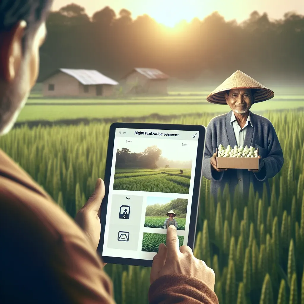 "Ilustrasi platform digital yang menghubungkan petani dengan pembeli langsung, menunjukkan antarmuka pengguna dan fitur-fitur penting untuk memfasilitasi transaksi pertanian."
