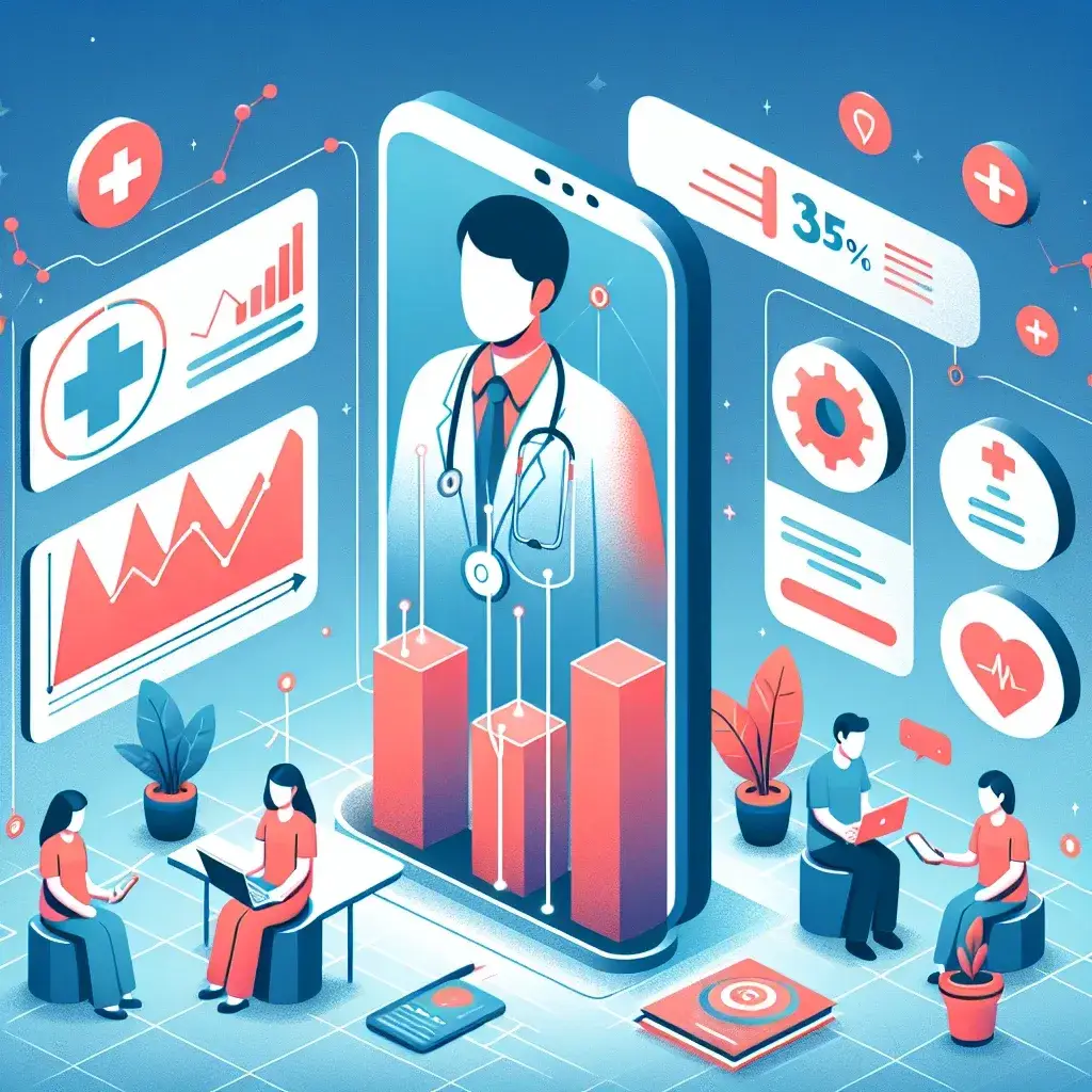 "Diagram infografis menunjukkan kenaikan 35% penggunaan layanan telemedis di Indonesia pada tahun 2025, menggambarkan tren kesehatan digital dan akses layanan medis jarak jauh."
